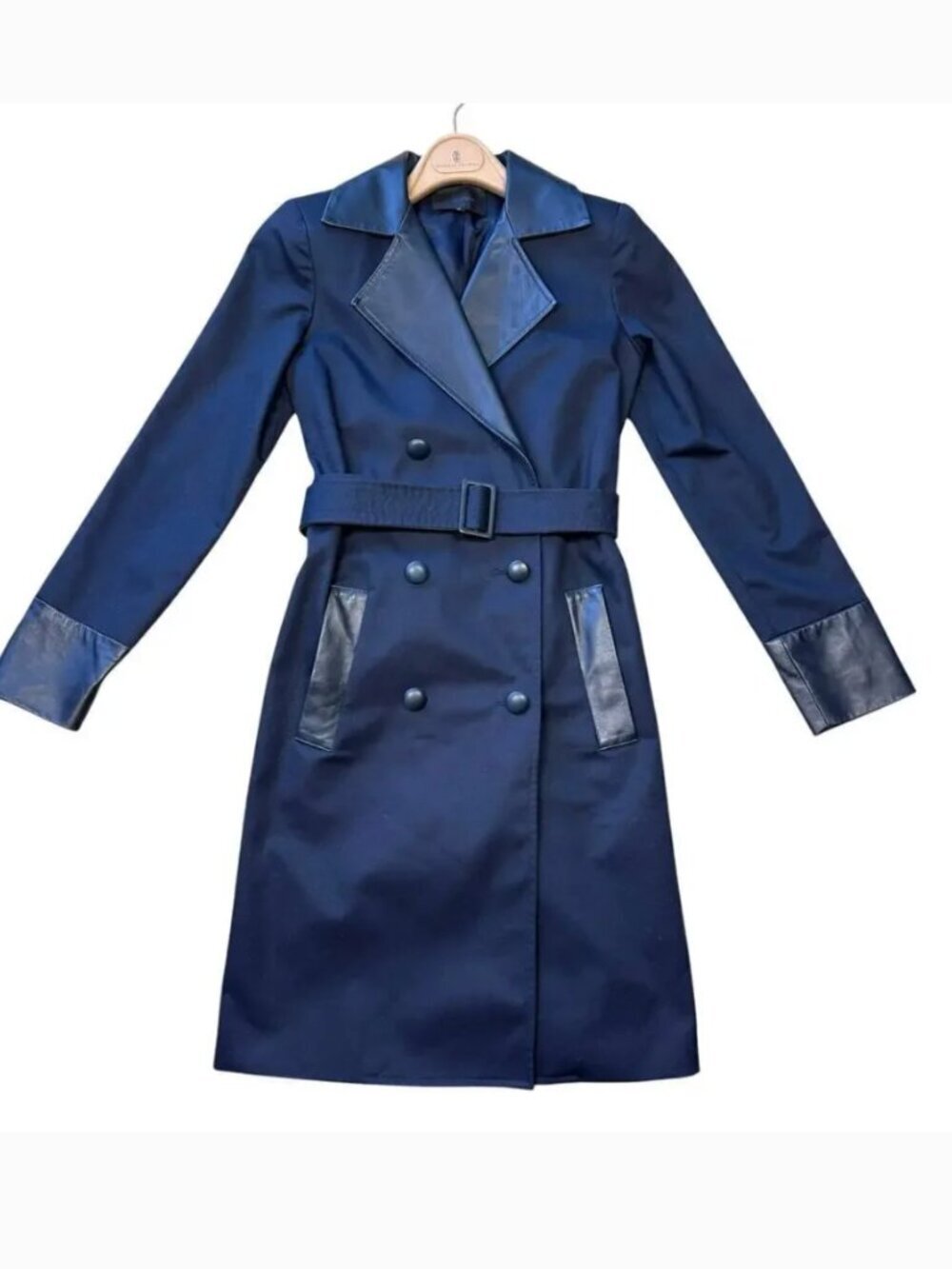 Misha Nonoo Navy Royal Lambskin Leather Trench Coat Size 0
